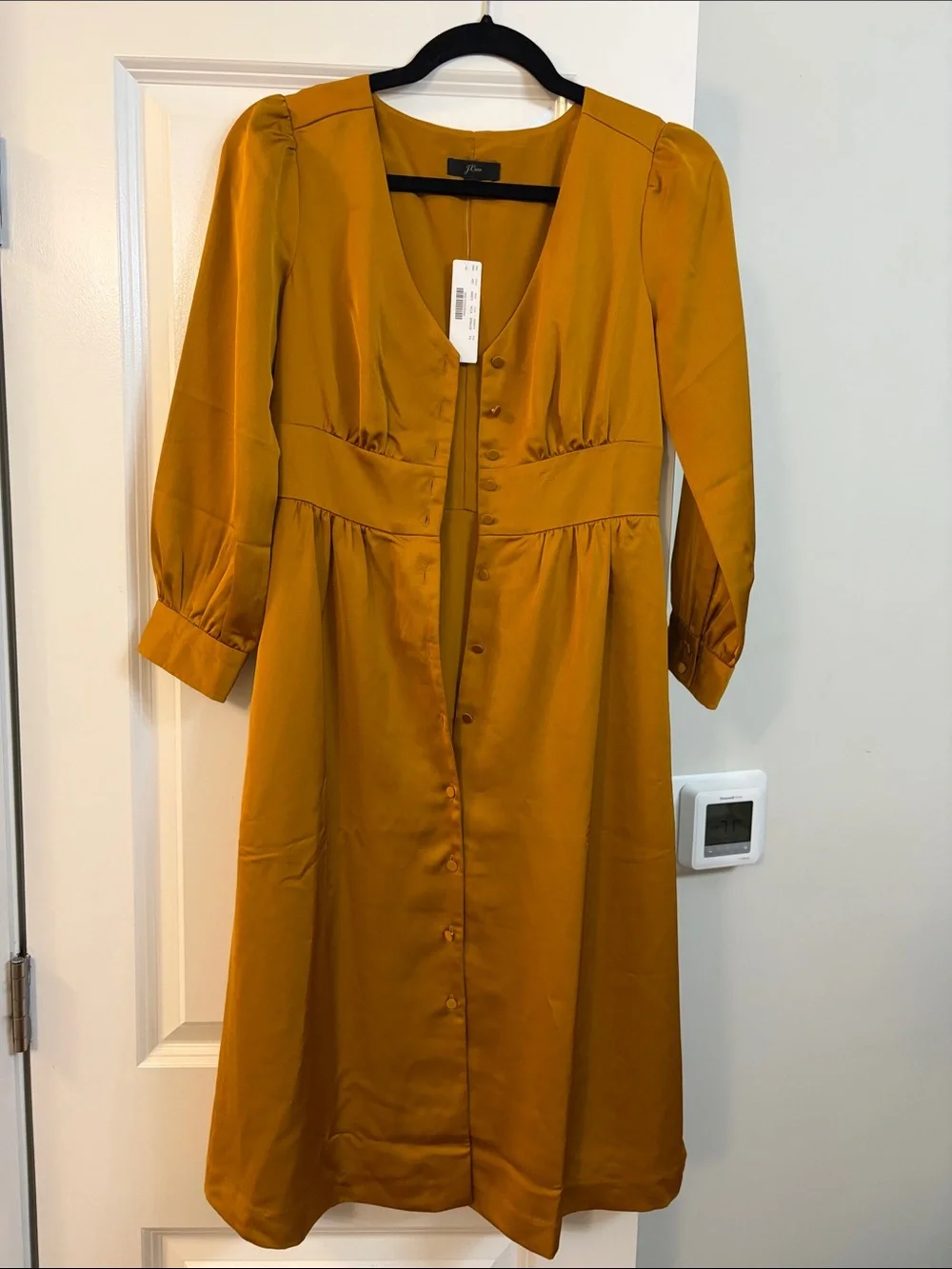 Satin Button-Front Midi Dress in Mustard